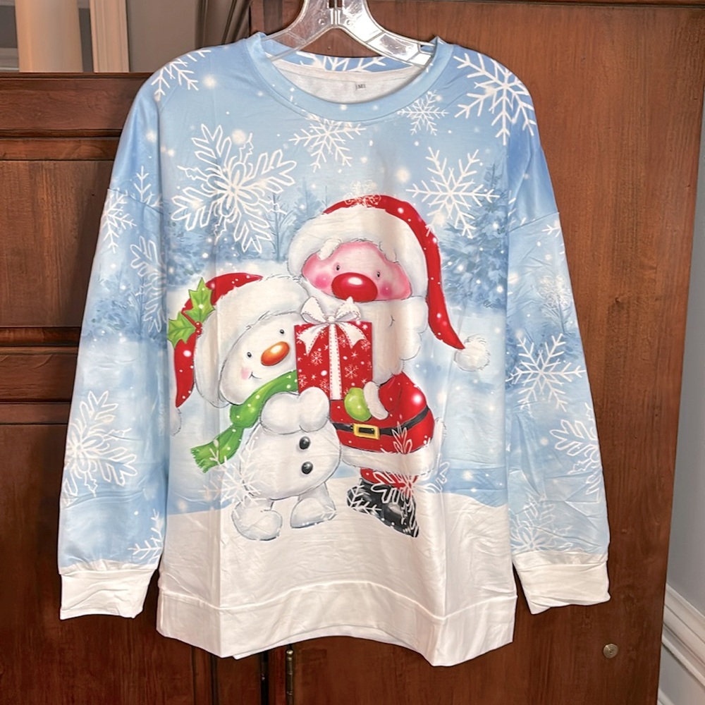 NEW Christmas Santa and Snowman Lightweight Crewneck Pullover